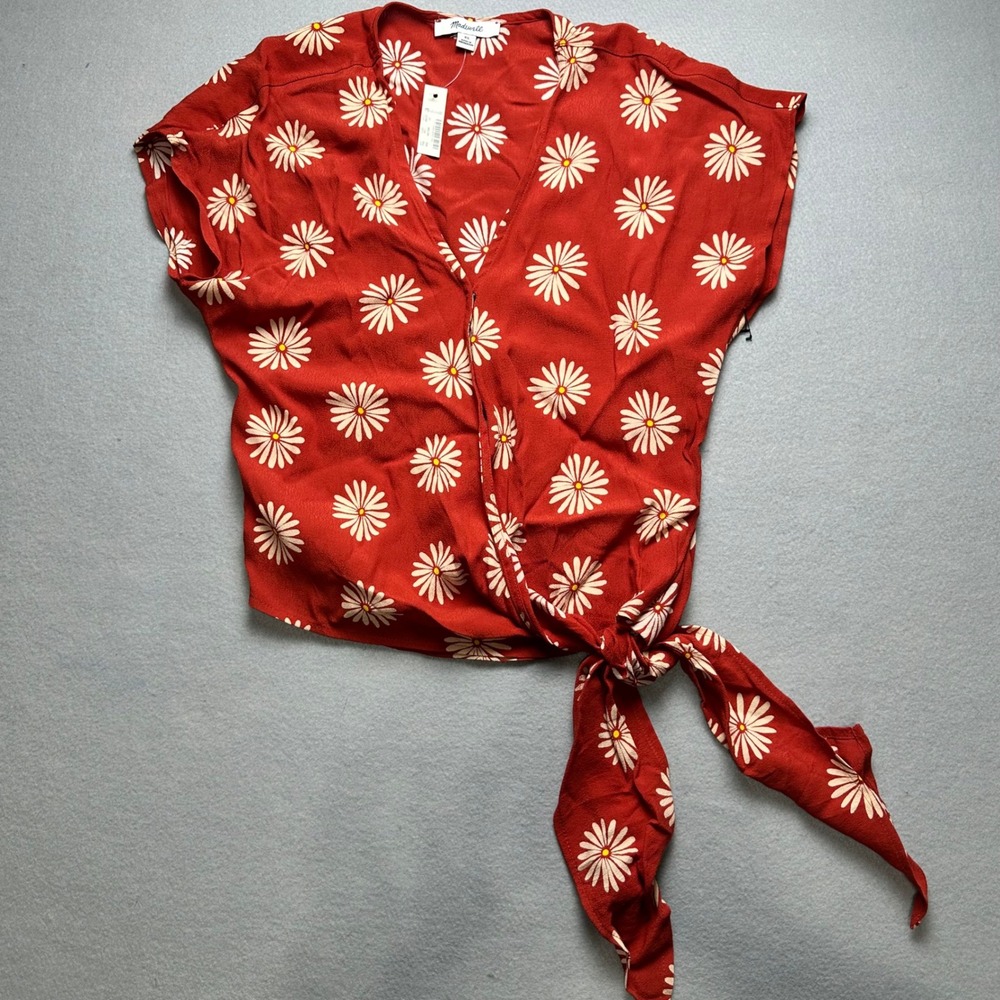 Madewell Wrap Top Womens XS Red Daisy Floral V-Neck Short Sleeve Tie AK023